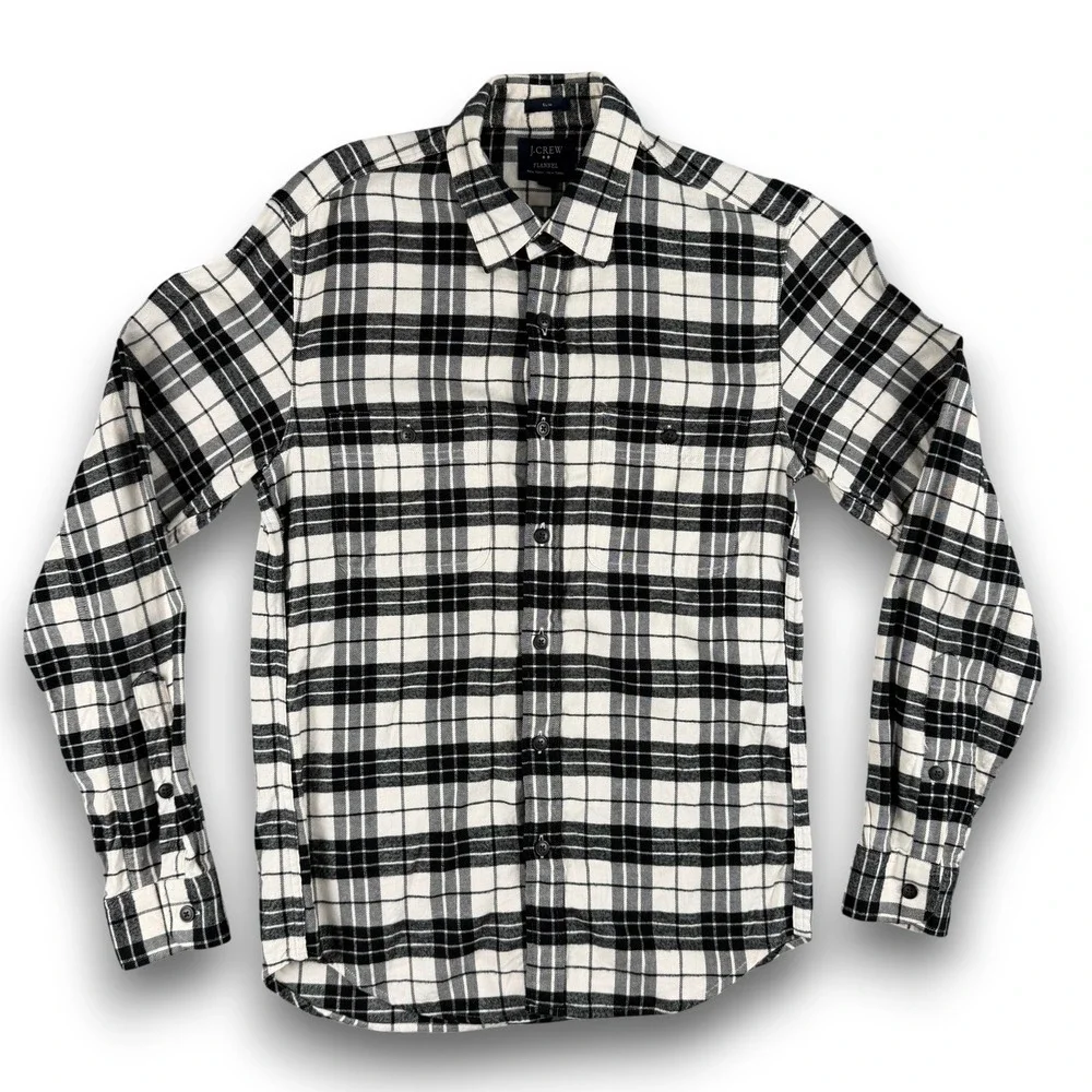 J.Crew Flannel Shirt‎ Mens S Black White Plaid Checkered Slim Fit Long Sleeve